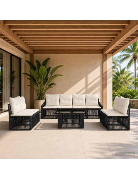 Set Divano da Giardino 9 pz Nero e Bianco Crema polyrattan