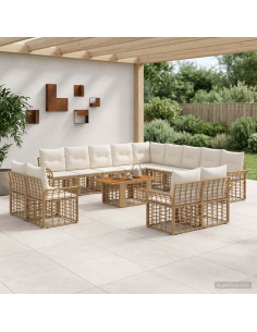 Set Divano da Giardino 14 pz Naturale e Bianco Crema polyrattan