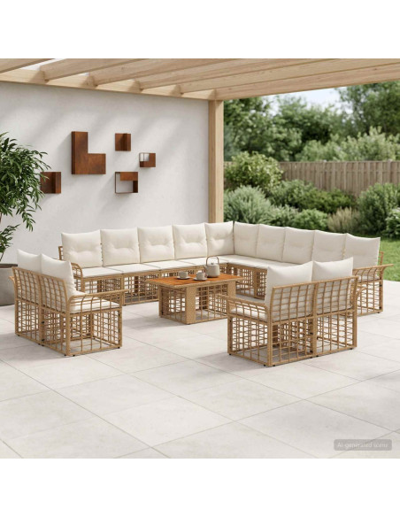 Set Divano da Giardino 14 pz Naturale e Bianco Crema polyrattan