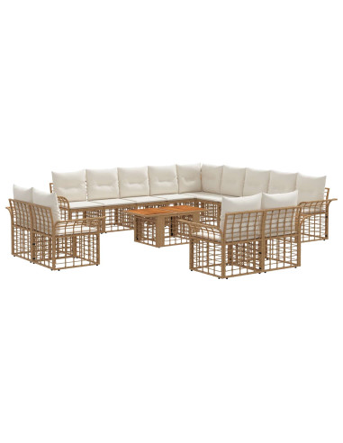 Set Divano da Giardino 14 pz Naturale e Bianco Crema polyrattan