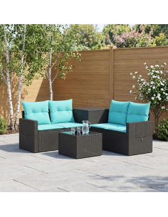 Set di divani 6 pz Nero e Blu Rattan sintetico e Acciaio