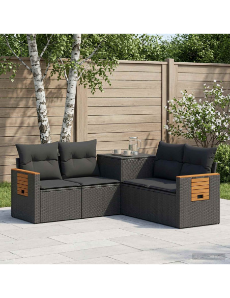 Set di divani 5 pz Nero Rattan sintetico e Acciaio