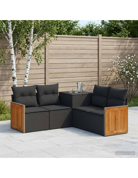 Set di divani 5 pz Nero Rattan sintetico e Acciaio