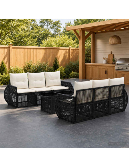 Set Divano da Giardino 7 pz Nero e Bianco Crema polyrattan