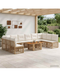 Set Divano da Giardino 11 pz Naturale e Bianco Crema polyrattan