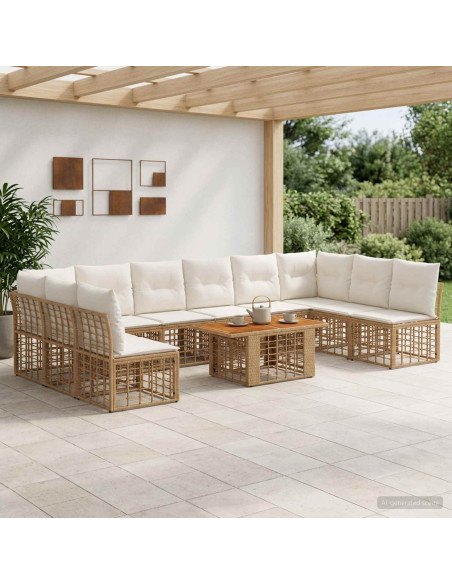 Set Divano da Giardino 11 pz Naturale e Bianco Crema polyrattan