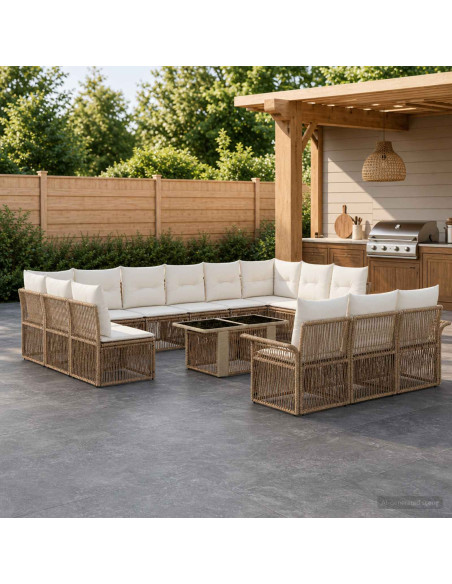 Set Divano da Giardino 14 pz Beige e Bianco Crema polyrattan