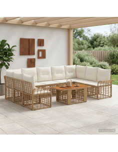 Set Divano da Giardino 10 pz Naturale e Bianco Crema polyrattan