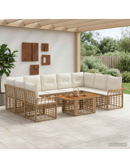 Set Divano da Giardino 10 pz Naturale e Bianco Crema polyrattan