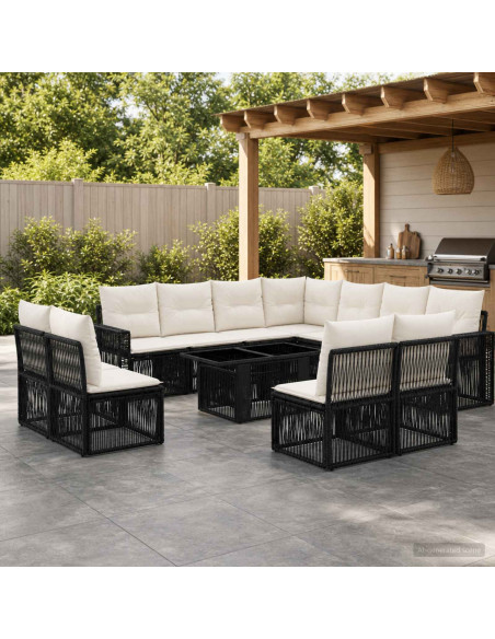 Set Divano da Giardino 12 pz Nero e Bianco Crema polyrattan