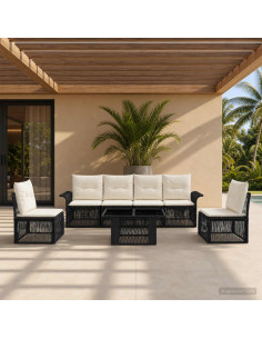 Set Divano da Giardino 7 pz Nero e Bianco Crema polyrattan