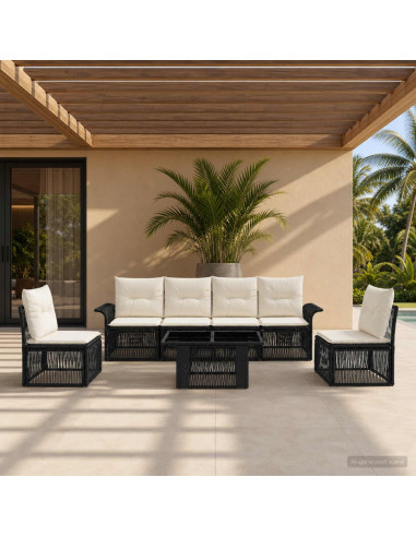 Set Divano da Giardino 7 pz Nero e Bianco Crema polyrattan