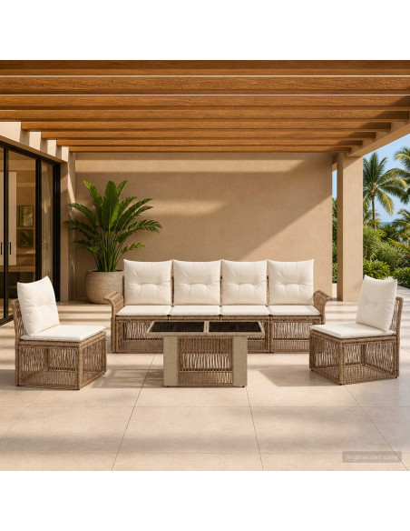 Set Divano da Giardino 7 pz Beige e Bianco Crema polyrattan