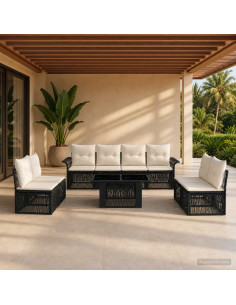 Set Divano da Giardino 9 pz Nero e Bianco Crema polyrattan