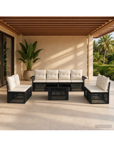 Set Divano da Giardino 9 pz Nero e Bianco Crema polyrattan