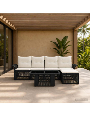 Set Divano da Giardino 6 pz Nero e Bianco Crema polyrattan