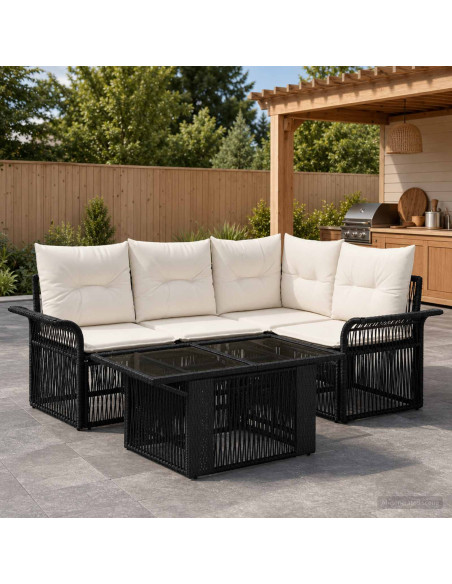 Set Divano da Giardino 5 pz Nero e Bianco Crema polyrattan