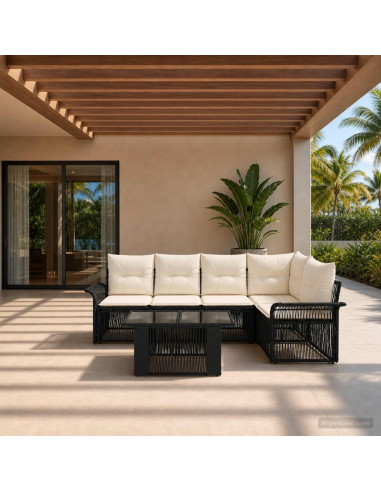 Set Divano da Giardino 6 pz Nero e Bianco Crema polyrattan