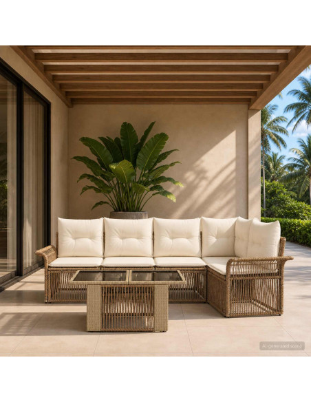 Set Divano da Giardino 6 pz Beige e Bianco Crema polyrattan