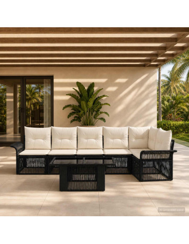 Set Divano da Giardino 7 pz Nero e Bianco Crema polyrattan