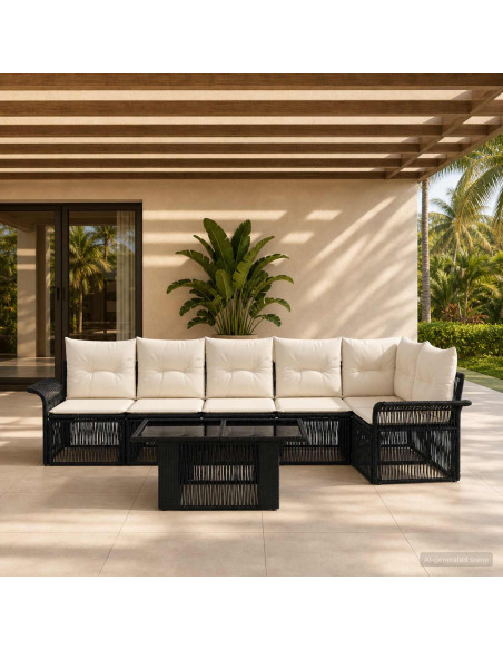 Set Divano da Giardino 7 pz Nero e Bianco Crema polyrattan