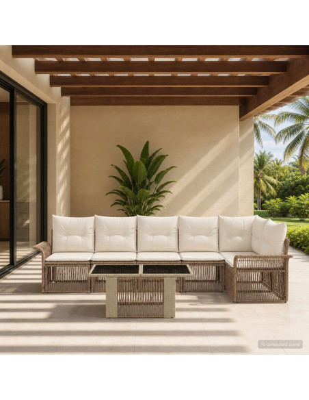 Set Divano da Giardino 7 pz Beige e Bianco Crema polyrattan