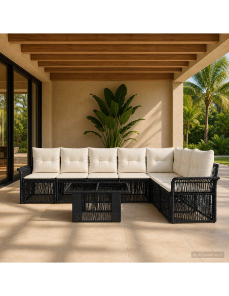 Set Divano da Giardino 8 pz Nero e Bianco Crema polyrattan