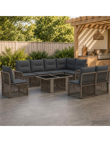 Set Divano da Giardino 9 pz Grigio e Grigio Scuro polyrattan