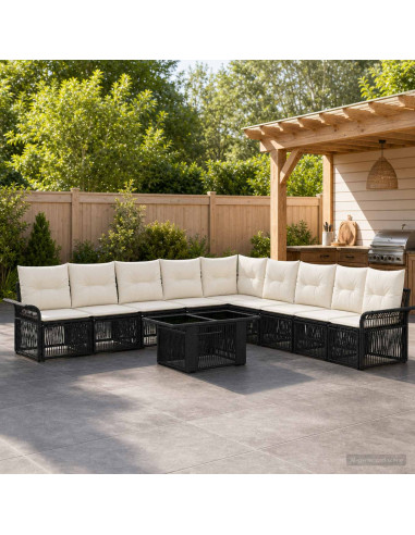 Set Divano da Giardino 10 pz Nero e Bianco Crema polyrattan