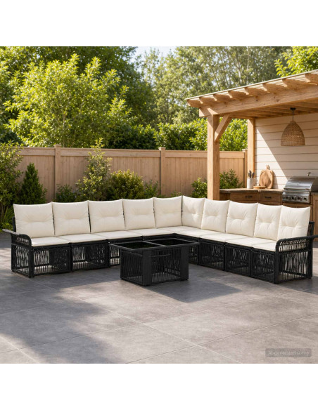 Set Divano da Giardino 10 pz Nero e Bianco Crema polyrattan