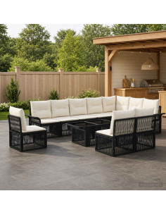 Set Divano da Giardino 11 pz Nero e Bianco Crema polyrattan