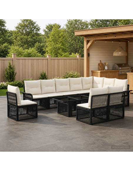 Set Divano da Giardino 11 pz Nero e Bianco Crema polyrattan