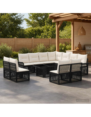 Set Divano da Giardino 12 pz Nero e Bianco Crema polyrattan