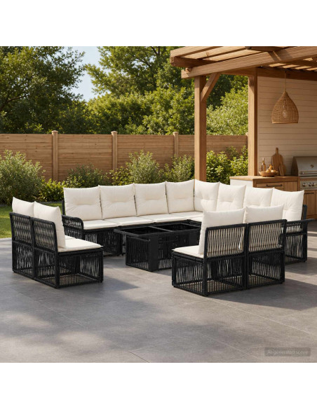 Set Divano da Giardino 12 pz Nero e Bianco Crema polyrattan