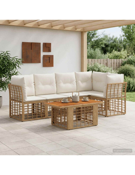 Set Divano da Giardino 6 pz Naturale e Bianco Crema polyrattan