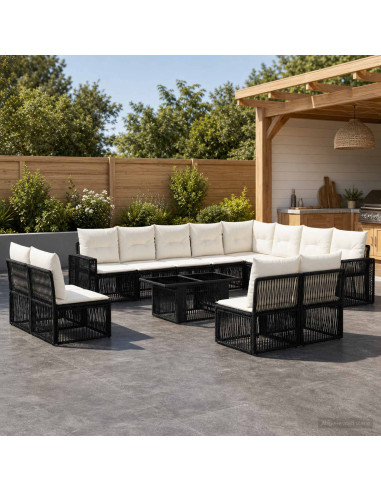 Set Divano da Giardino 13 pz Nero e Bianco Crema polyrattan