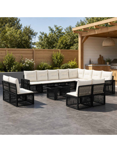 Set Divano da Giardino 13 pz Nero e Bianco Crema polyrattan