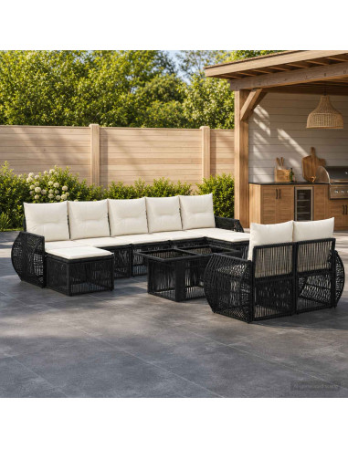 Set Divano da Giardino 10 pz Nero e Bianco Crema polyrattan