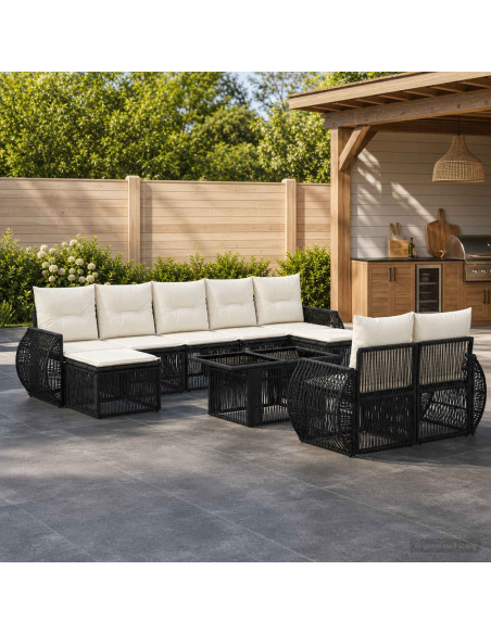 Set Divano da Giardino 10 pz Nero e Bianco Crema polyrattan