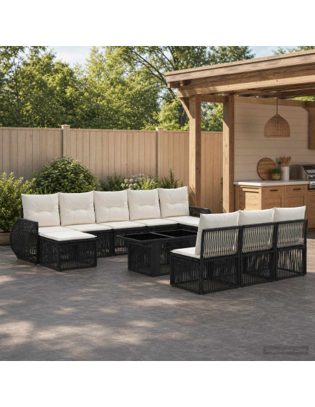 Set Divano da Giardino 11 pz Nero e Bianco Crema polyrattan