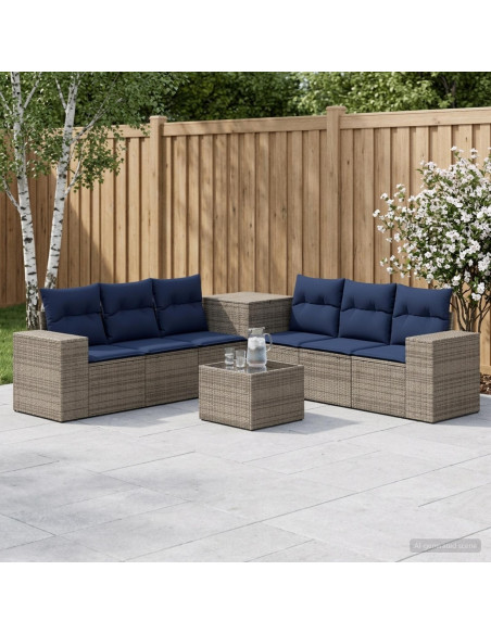 Set di divani 8 pz Grigio e Blu Navy Rattan sintetico e Acciaio