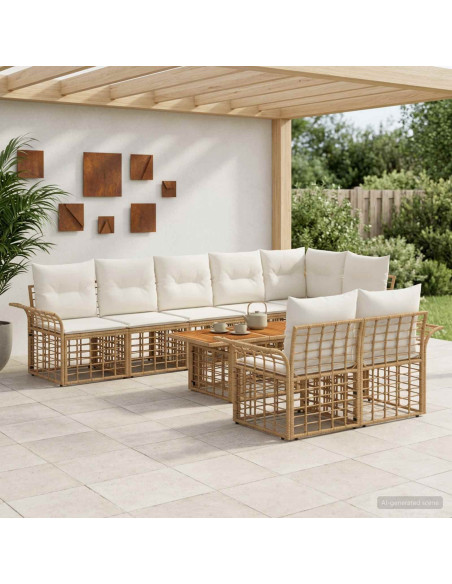 Set Divano da Giardino 9 pz Naturale e Bianco Crema polyrattan