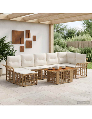 Set Divano da Giardino 8 pz Naturale e Bianco Crema polyrattan