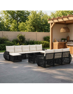Set Divano da Giardino 11 pz Nero e Bianco Crema polyrattan
