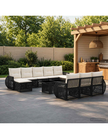 Set Divano da Giardino 11 pz Nero e Bianco Crema polyrattan