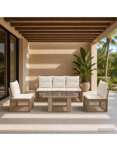 Set Divano da Giardino 6 pz Beige e Bianco Crema polyrattan