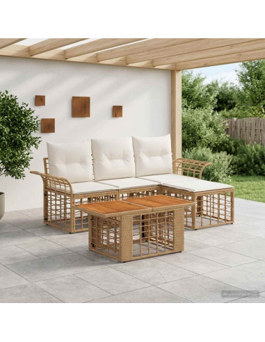 Set Divano da Giardino 5 pz Naturale e Bianco Crema polyrattan