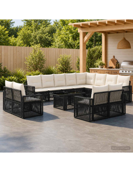 Set Divano da Giardino 13 pz Nero e Bianco Crema polyrattan