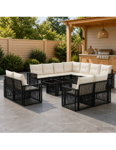 Set Divano da Giardino 12 pz Nero e Bianco Crema polyrattan