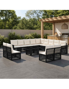 Set Divano da Giardino 14 pz Nero e Bianco Crema polyrattan